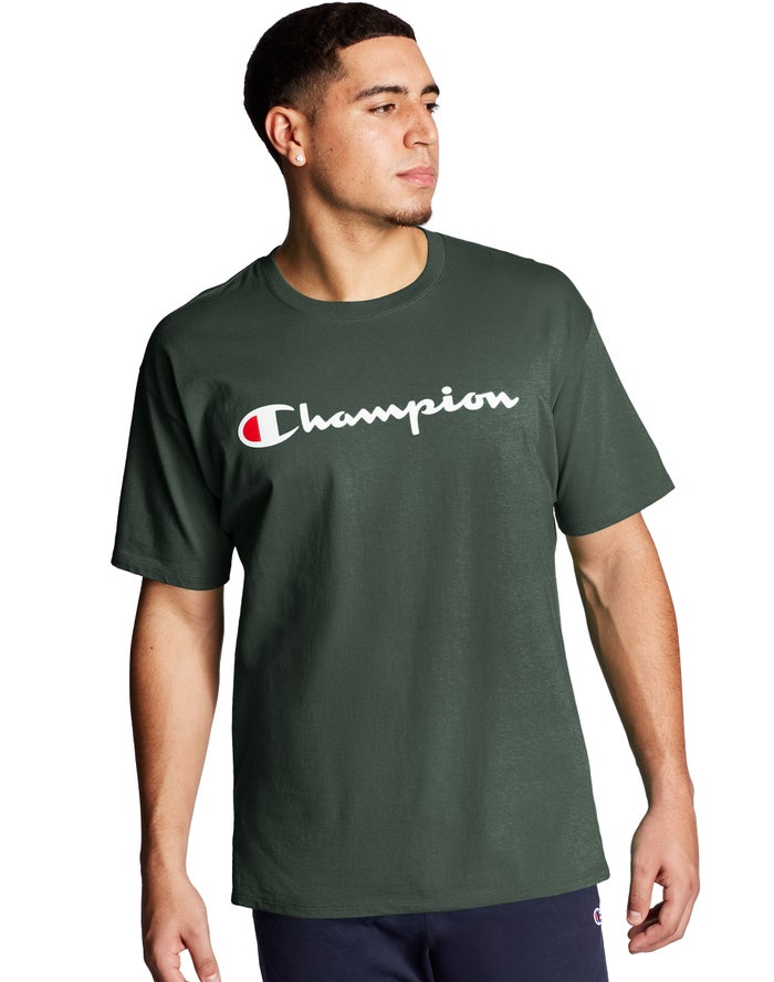 Champion Mens T-Shirt NZ - Classic Jersey Script Logo Dark Green ( 9401-BQNWP )